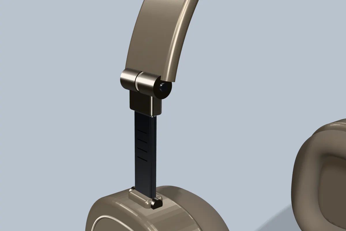 Close-up of the Tyst 01's titanium hinge where the band meets the slider, in Sand.
