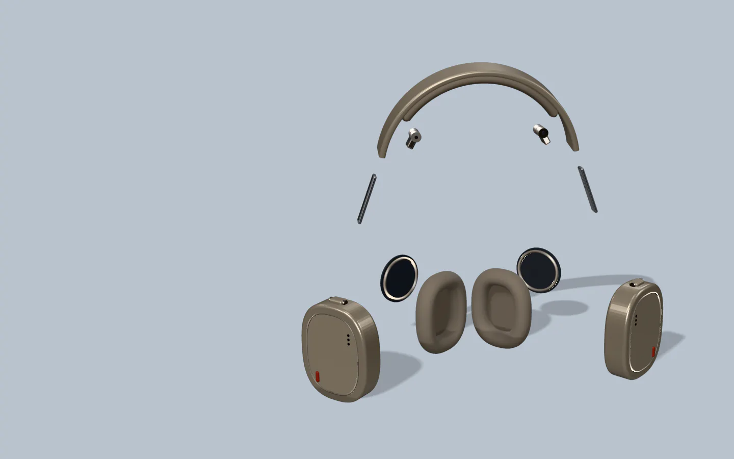 Tyst 01 headphones in Sand, taken apart: band, hinges, sliders, drivers, cups and cushions float in a row.