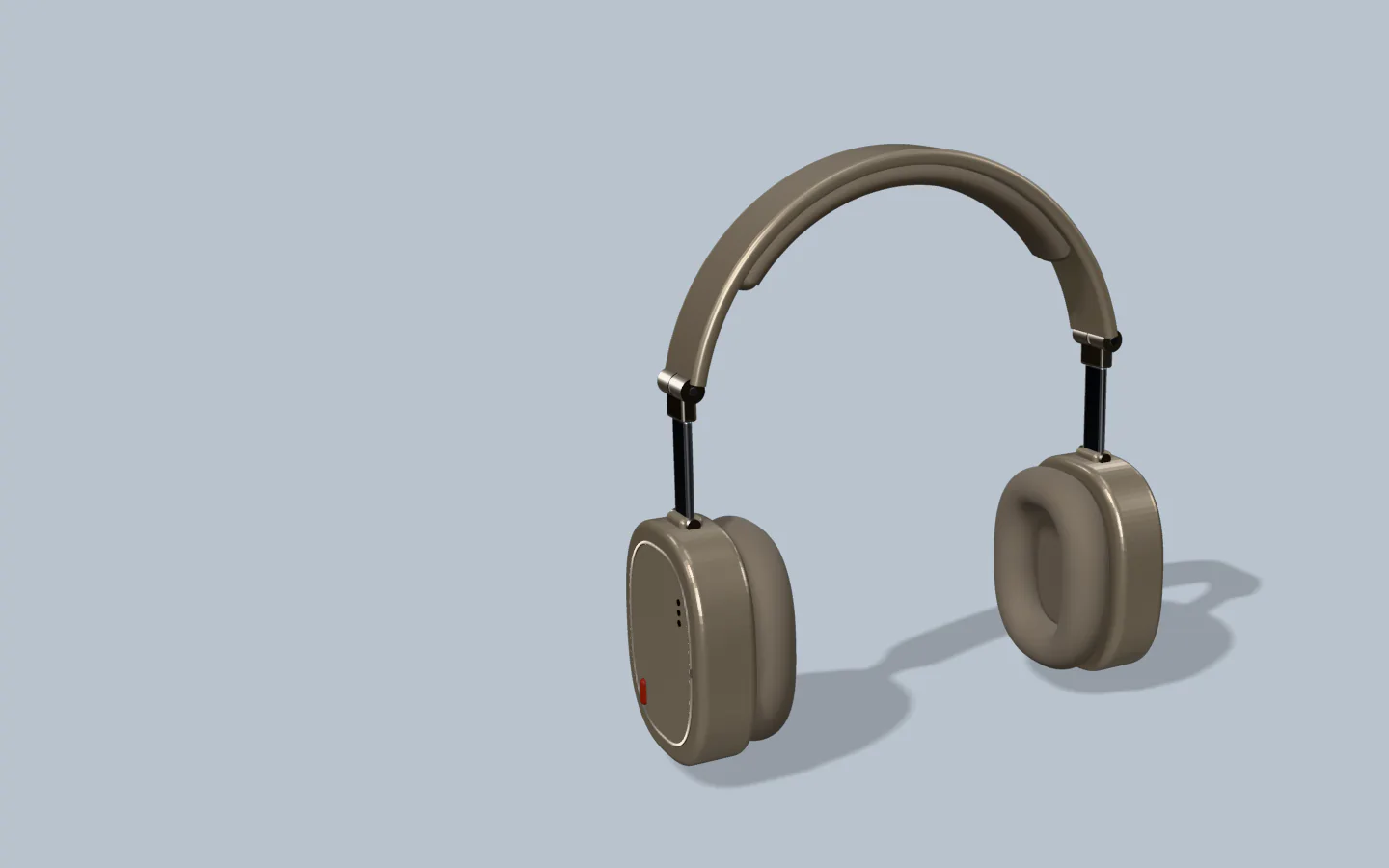 Tyst 01 headphones in Sand, assembled, on a blue-grey studio backdrop.